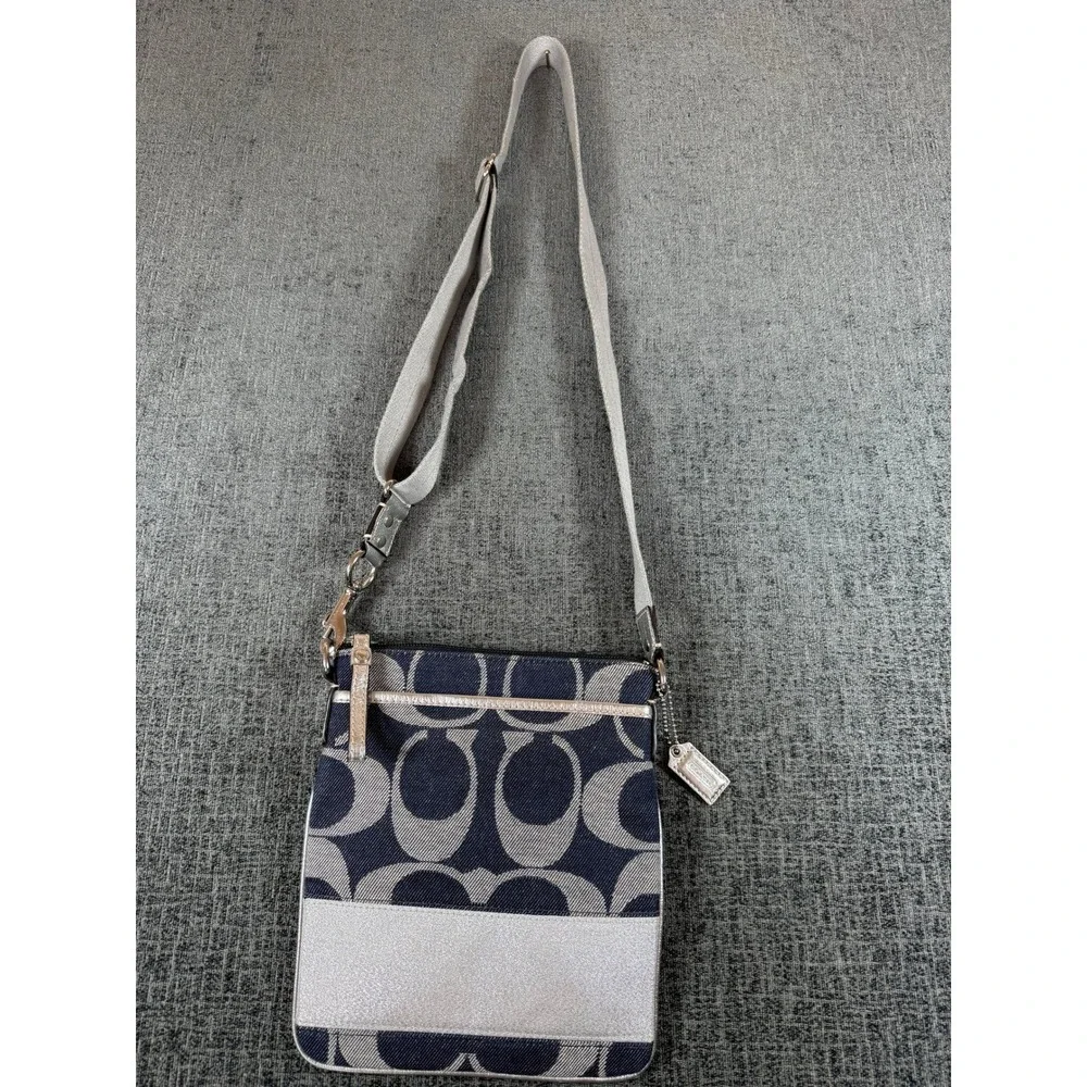 Coach Signature C Navy Canvas Silver Metallic Trim Crossbody File Bag